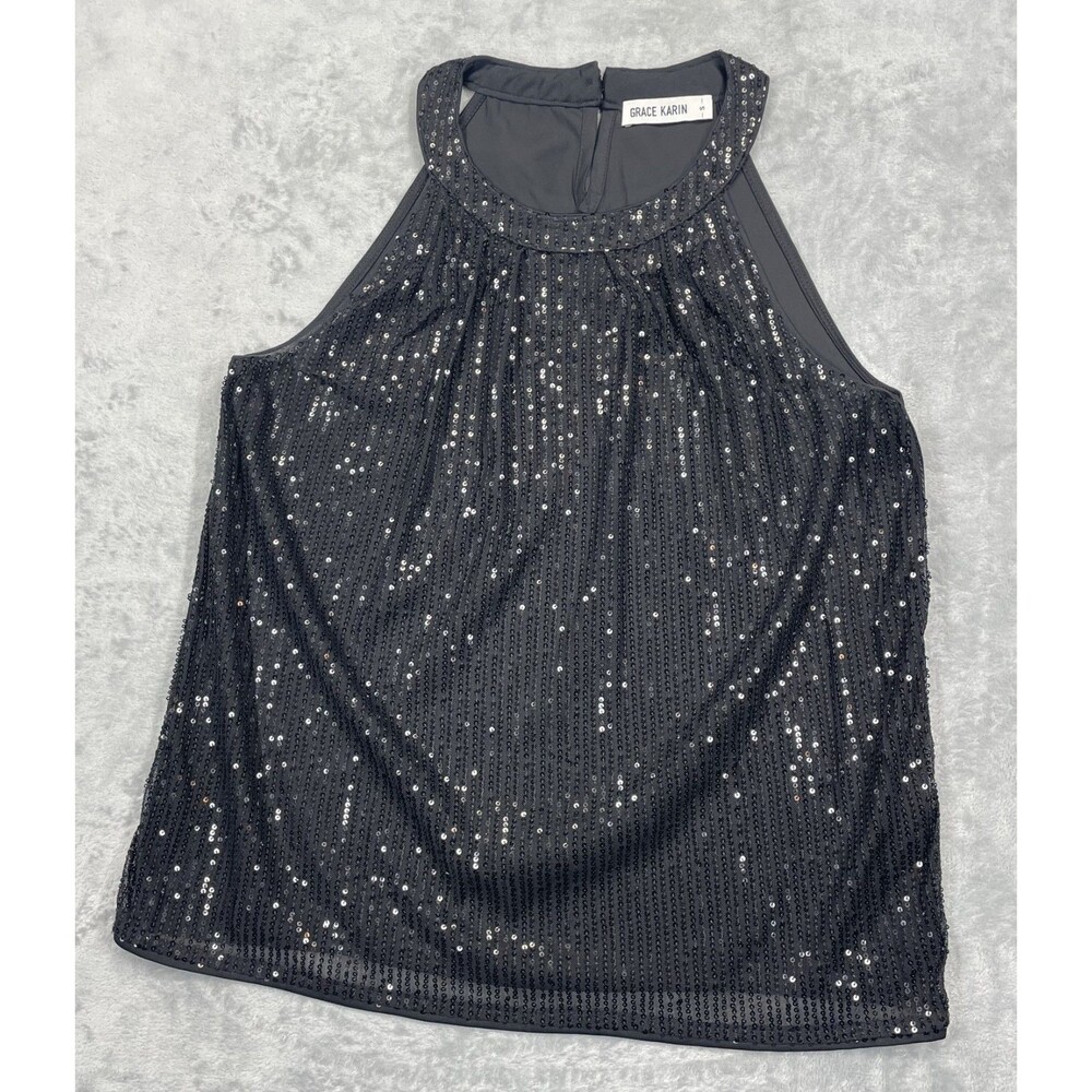 Grace Karin Womens Sz L Black Sequins High Neck Tank Top Blouse